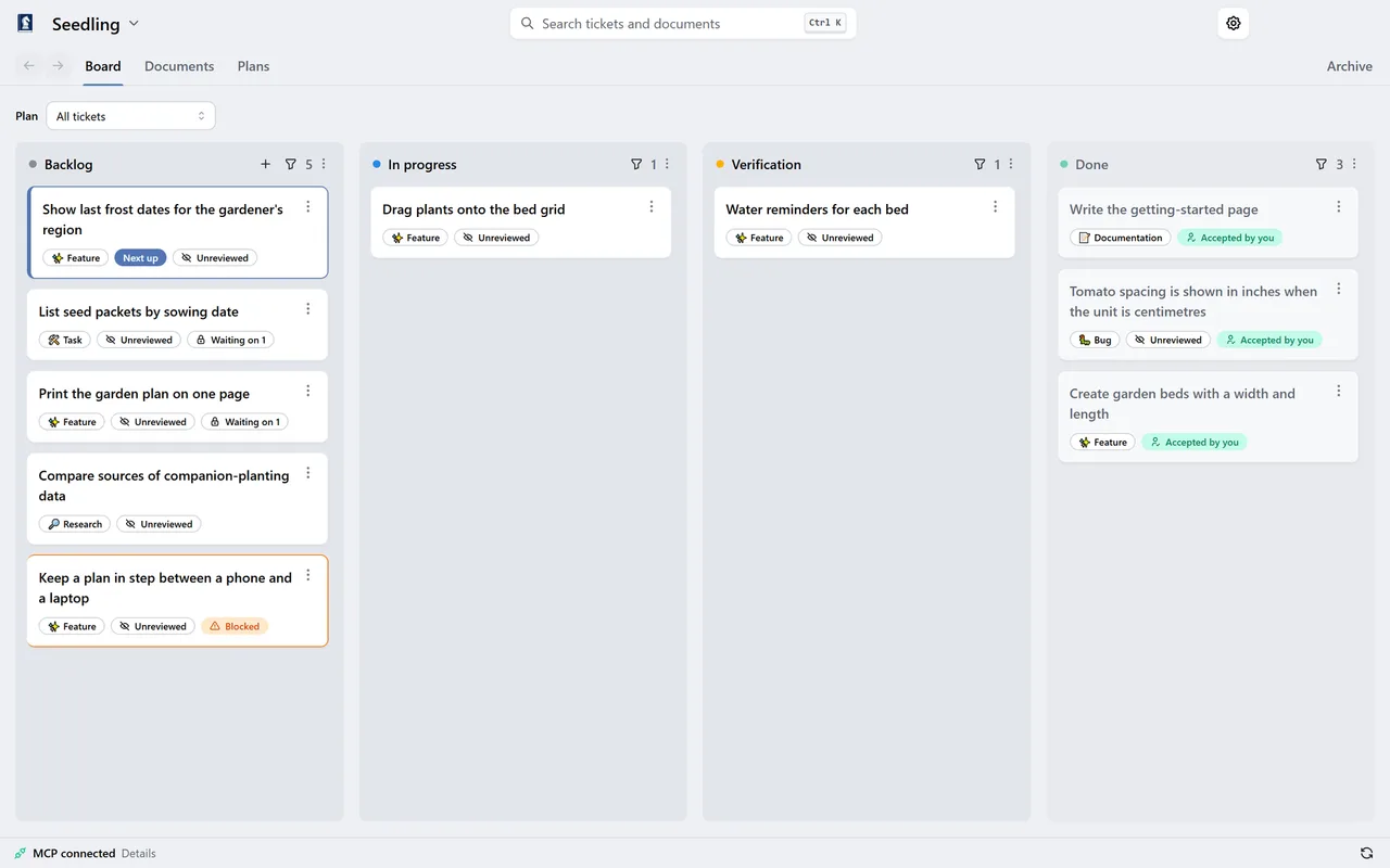 The Knightbook board with four columns, Backlog, In progress, Verification and Done. Each ticket card shows its title, its type, and labels such as Blocked, Unreviewed or Accepted by you.